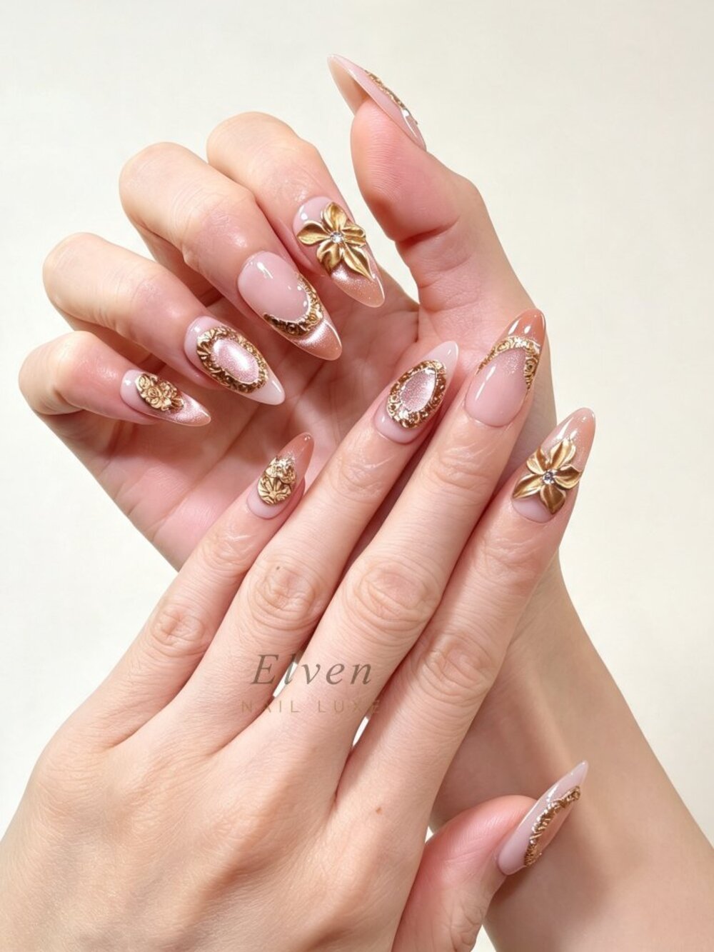 Pink Cat Eye Gold Embellished Handmade Almond Press On Nail Set With Floral